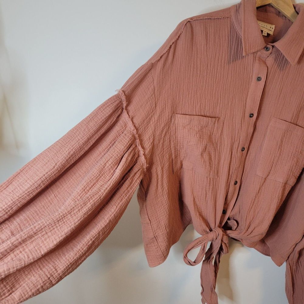 100% Cotton Shirt Button Down Tie Front Long Balloon Sleeve Size Medium - Picture 6 of 11